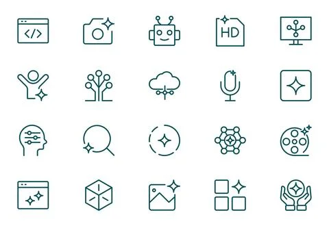 Artificial intelligence Outline icon set. featuring chat, magic, sparkle, s.. Stock Illustration