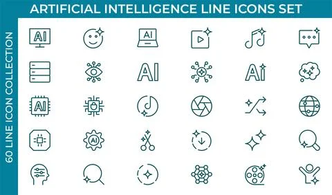 Artificial intelligence Outline icon set. featuring chat, magic, sparkle, s.. Stock Illustration