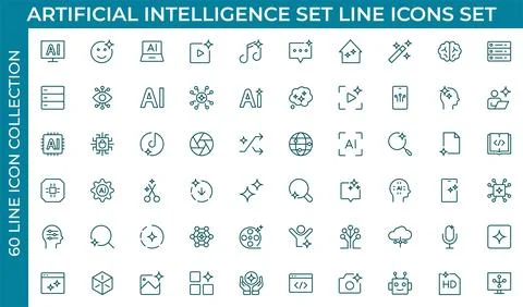 Artificial intelligence Outline icon set. featuring chat, magic, sparkle, s.. Stock Illustration