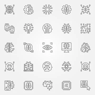 Artificial Intelligence outline icons set. AI technology symbols Stock Illustration