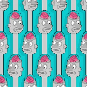 Artificial Intelligence pattern seamless. Robot with brain background. Retro  Stock Illustration