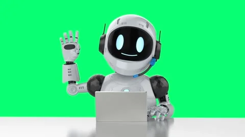Artificial intelligence personal assistant robot greeting with digital tablet Stock Footage 317486867
