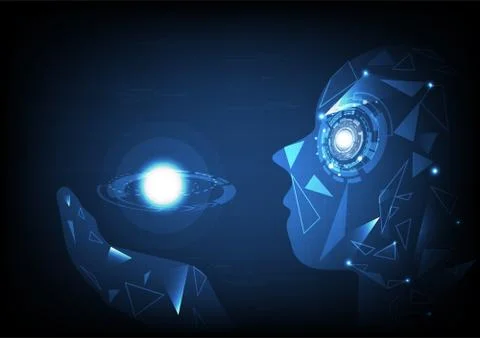 Artificial intelligence, polygon hand holding energy of planet with grid Stock Illustration