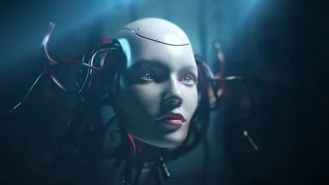 Artificial Intelligence Portrait in Dark Environment. Robot Face and Complex  Stock Footage 308950441