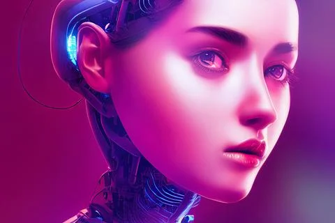 Artificial Intelligence Portrait Female Android with Red Lights Stock Illustration