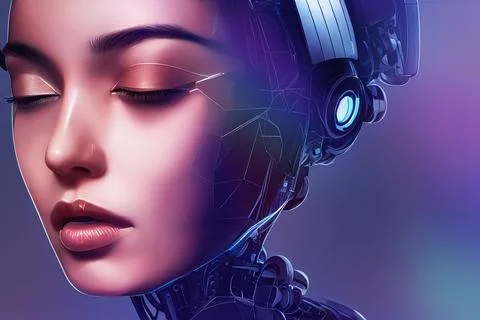 Artificial Intelligence Portrait Female Android with Blurred Background Stock Illustration