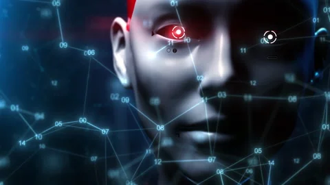 Artificial intelligence portrait of a female robot with red eyes sci-fi anima Stock Footage 155611687