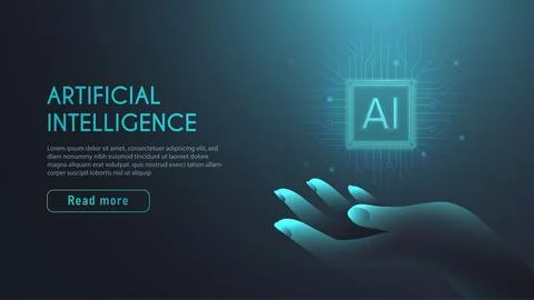 Artificial intelligence poster. Hand with ai chip with microcircuit. Cyberspace Stock Illustration