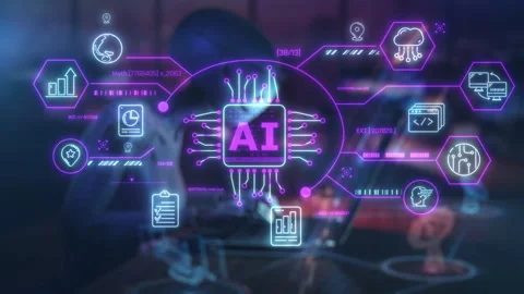 Artificial intelligence processing data with a glowing neon interface Stock Footage 327840611