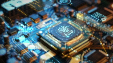 Artificial intelligence processing data on a microchip circuit board Stock Footage 320209169