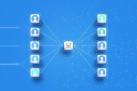 Artificial intelligence processing node connecting user profiles and data inp Stock Photos