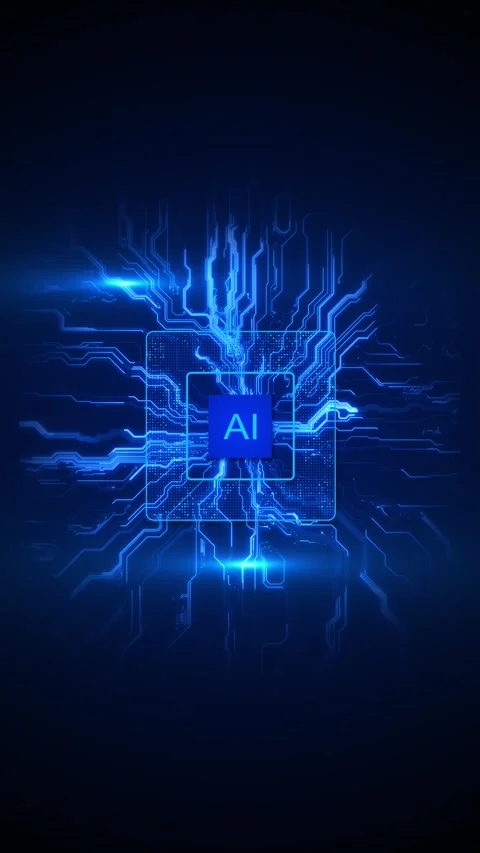 Artificial intelligence processor backdrop blue neon circuits, central chip Stock Footage 334100937