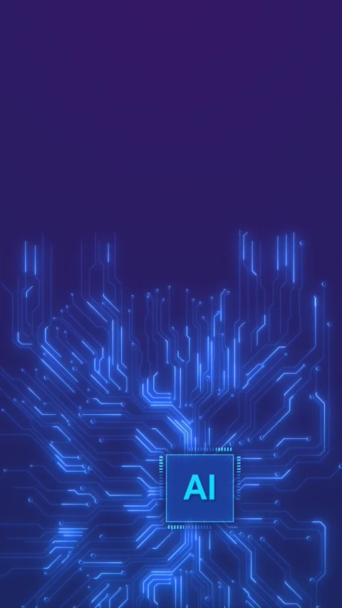 Artificial intelligence processor with blue circuit branches, glowing AI text, Stock Footage 333858466