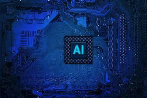 Artificial intelligence processor chip on blue motherboard, futuristic AI t.. Foto stock