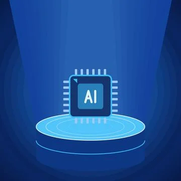 Artificial intelligence processor chip on glowing round podium with blue Stock Illustration