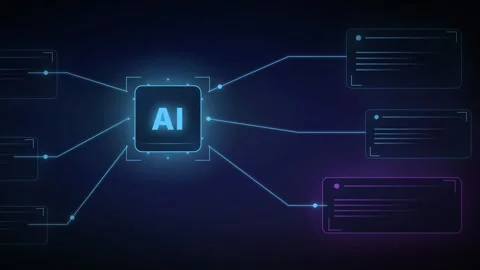 Artificial intelligence processor chip icon connected to data information b.. Stock Footage 347625767