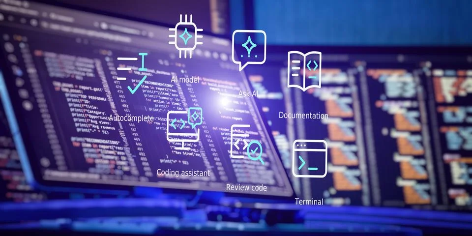 Artificial Intelligence Programming Assistant With AI Model, Code Automation, Stock Photos