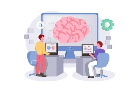 Artificial Intelligence Programming. Group of people sitting at computers and Stock Illustration