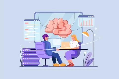 Artificial Intelligence Programming. Group of people sitting at computers and 스톡 일러스트