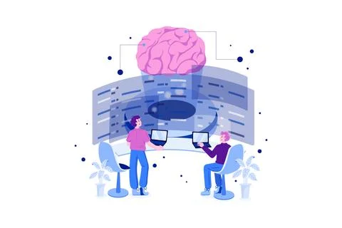 Artificial Intelligence Programming Illustration Concept. Group of people sit Stock Illustration