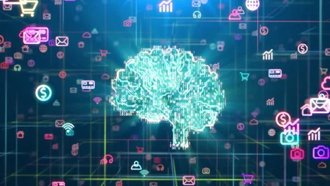 Artificial Intelligence, Pulsating Electronic Brain with Binary Code Stock Footage 240289999