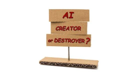 Is artificial intelligence really help us? AI cardboard sign. Fight against A Stock Photos