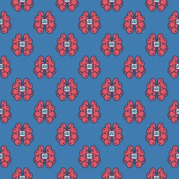 Artificial Intelligence Red Brain vector AI Mind colored seamless pattern Stock Illustration