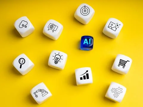 Artificial intelligence represented by blue AI cube surrounded by icons of .. Stock Photos