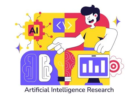 Artificial Intelligence Research Vector Illustration Featuring Data Analysi.. Stock Illustration