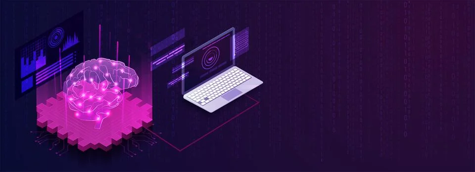 Artificial Intelligence responsive landing page with isometric laptop and h.. Stock Illustration