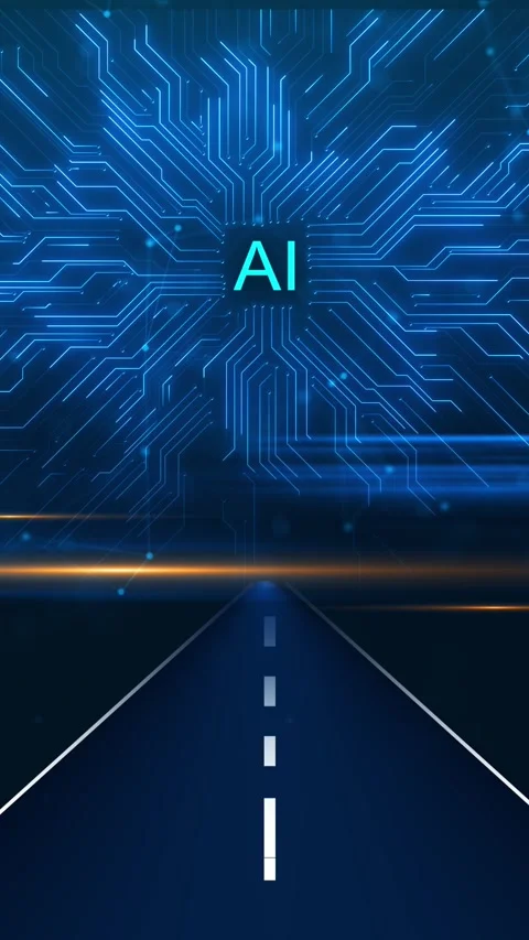 Artificial intelligence road scene blue circuit traces, AI text, fast data lines Stock Footage 340399025