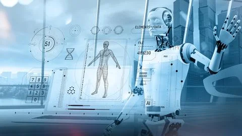 An artificial intelligence robot analyzes virtual panel data. Stock Illustration