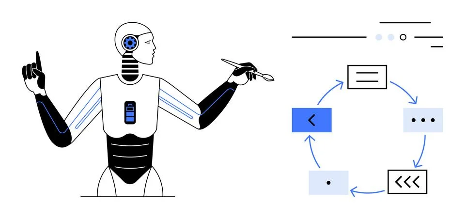 Artificial Intelligence Robot Analyzing Data and Workflow Diagram with Proc.. Stock Illustration