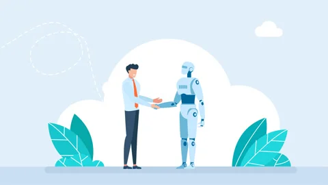 Artificial Intelligence Robot and Business Man Character Shaking Hands. AI deal Stock Footage 259815903