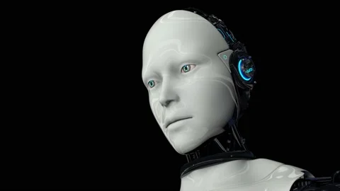 Artificial intelligence. Robot android is activated, moves its head, eyes and Stock Footage