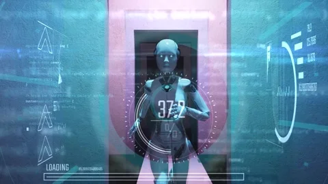 Artificial intelligence. Robot android runs over walls.. The camera follow h Stock Footage 246677676