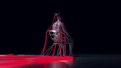 Artificial intelligence robot with cables and chip sitting on a chair. 3d Stock Footage 348572117