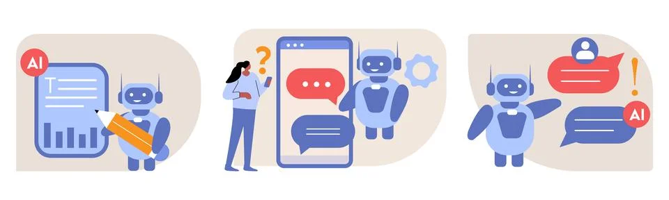 Artificial intelligence robot character illustration set. AI chat bot. Stock Illustration