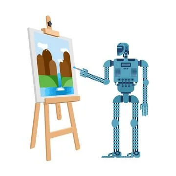 Artificial intelligence robot creating a painting on canvas. Illustration o.. Stock Illustration
