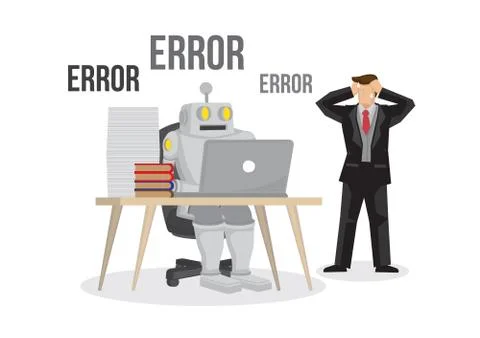 Artificial intelligence robot failures broken down due to overloaded. Artific Ilustração Stock