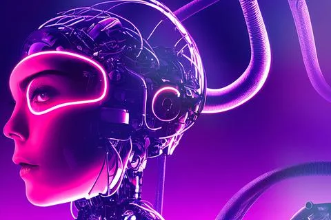 Artificial Intelligence Robot Female Android Woman with Red Glowing Neon Lights Stock Illustration
