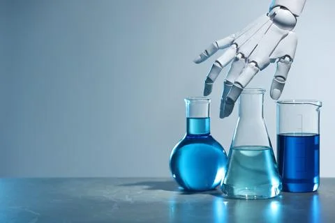 Artificial intelligence. Robot hand and laboratory glassware with liquids o.. Stock Photos