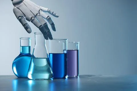 Artificial intelligence. Robot hand and laboratory glassware with liquids o.. Stock Photos