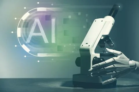 Artificial intelligence. Robot hand and microscope, color toned. Abbreviati.. Stockfoto's