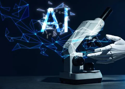 Artificial intelligence. Robot hand and microscope on dark background. AI a.. Stock Photos