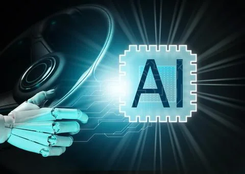Artificial intelligence. Robot hand driving car. Virtual chip with abbrevia.. Foto stock