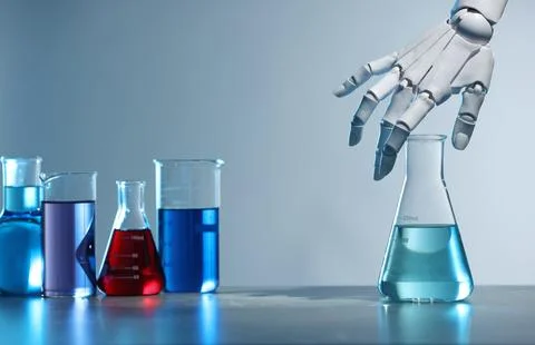 Artificial intelligence. Robot hand with flask and other laboratory glasswa.. Stock Photos
