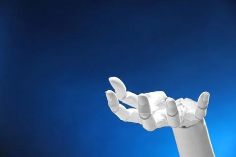 Artificial intelligence. Robot hand gesturing on dark blue background, spac.. Stock Illustration