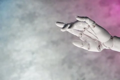Artificial intelligence. Robot hand gesturing on grey blurred background, s.. Stock Photos