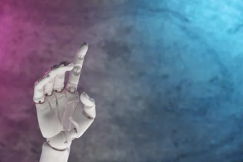 Artificial intelligence. Robot hand gesturing on grey background in neon li.. Stock Photos